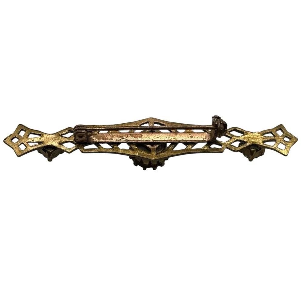 Vintage Bar Brooch Blue Rhinestones Filigree Open Work Ornate Gold Tone Art Deco